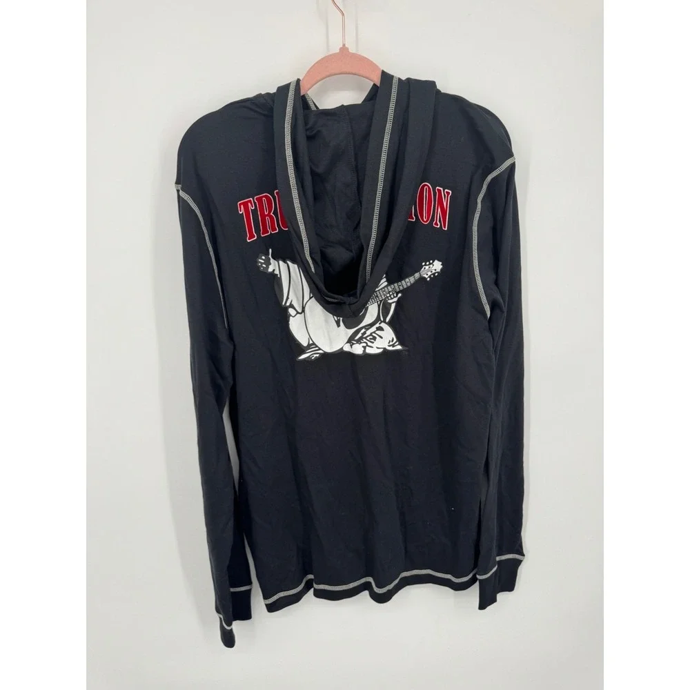 NWT True Religion Flocked Logo Hooded Henley T-Shirt Shirt Men's Large Jet Black